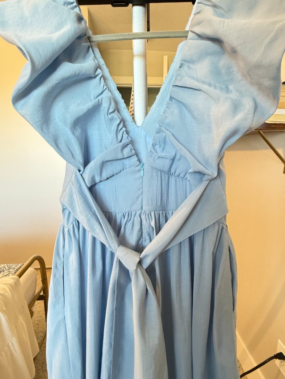 Endless Rose Powder Blue Ruffle Sleeve Maxi Dress Size S NWOT Tie Waist Pockets - Picture 7 of 12
